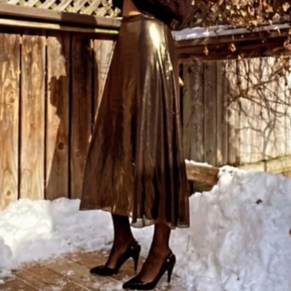ARITZIA WILFRED METALLIC GOLD FOIL SATIN MIDI SKIRT - 2